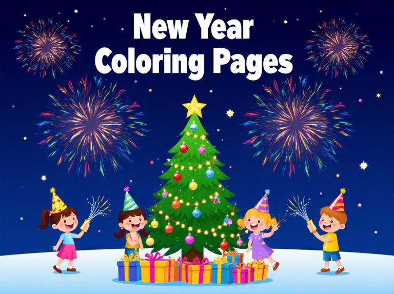 New Year coloring pages featuring festive fireworks and cheerful celebrations.